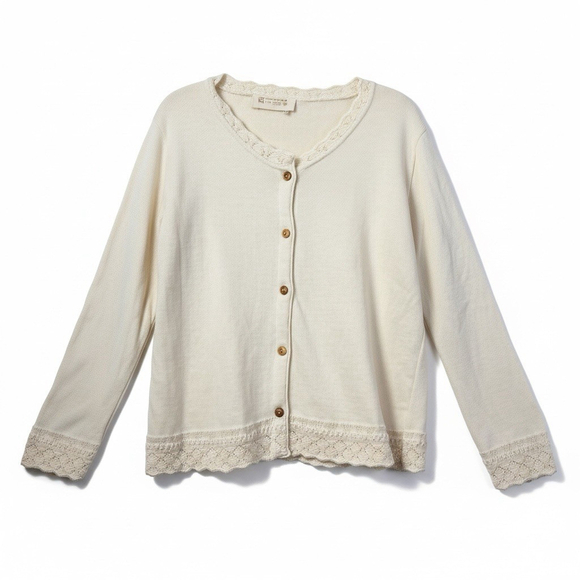 Greek Knitwear Sweaters - Vintage Cream Knit Cardigan Scalloped Lace Trim Button Up Sweater CottageCore XL